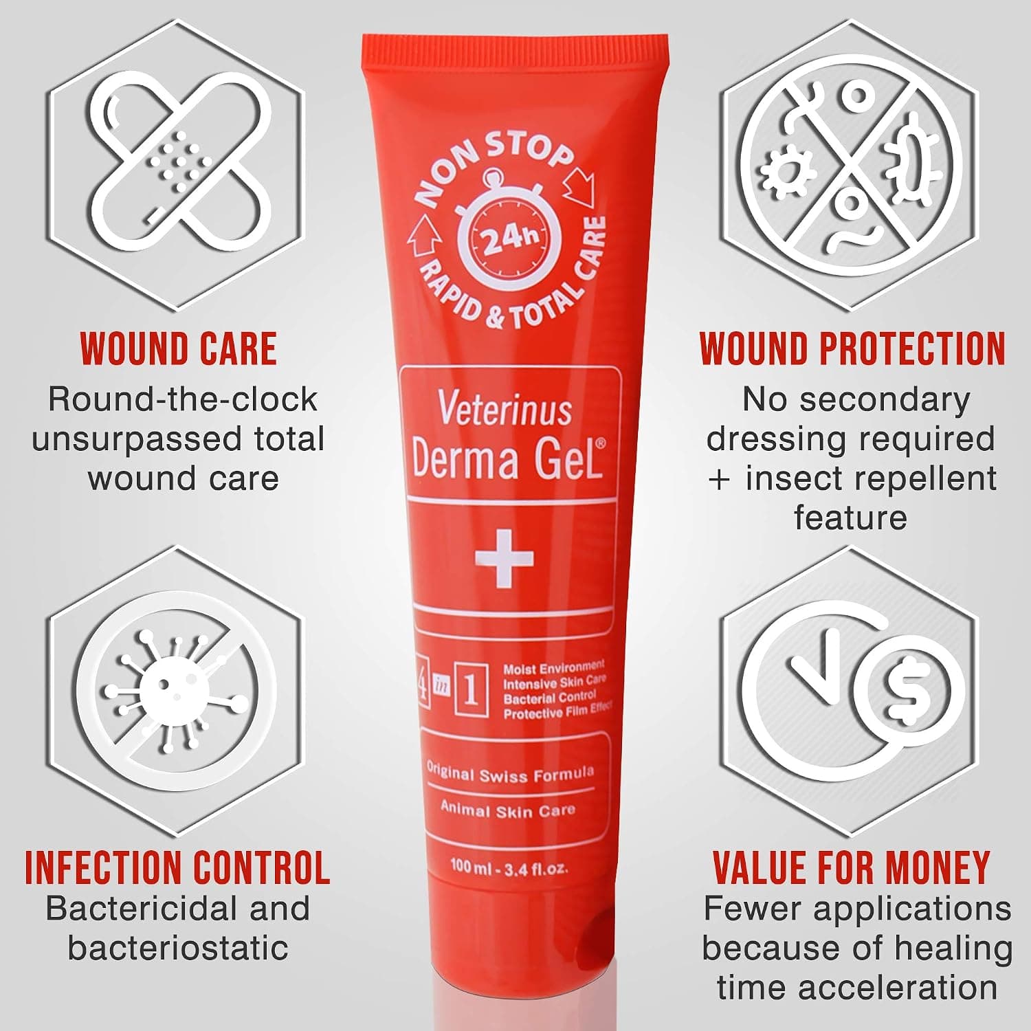 Rote Derma Gel Tube, 100 ml, mit Piktogrammen des Herstellers